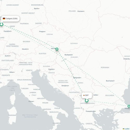 Skopje - Köln karta över direktflyg