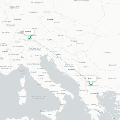 Skopje - Memmingen karta över direktflyg