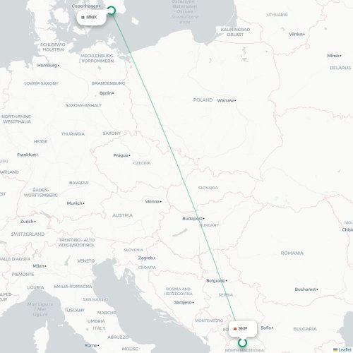 Skopje - Malmö karta över direktflyg