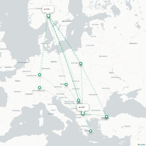Skopje - Oslo karta över direktflyg