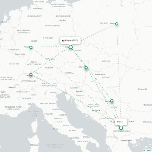 Skopje - Prag karta över direktflyg