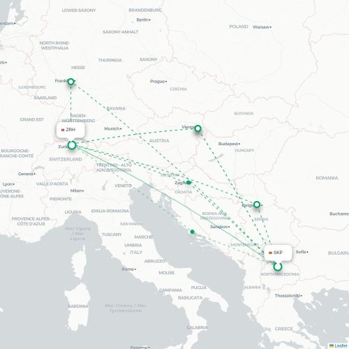 Mapa de vuelo directo Skopje - Zúrich