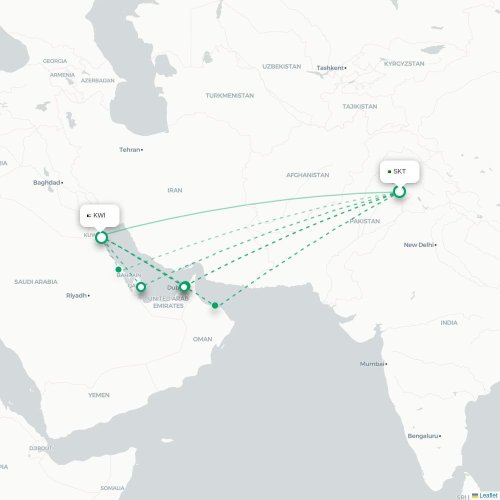 Mapa de vuelo directo Siālkot - Ciudad de Kuwait