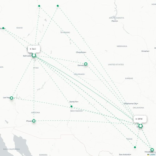 Mapa de vuelo directo Salt Lake City - Dallas