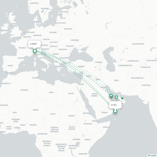Mapa lotu bezpośredniego Salala – Mediolan