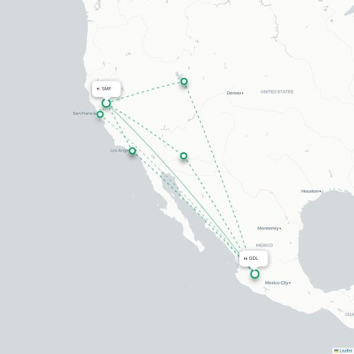 Sacramento - Guadalajara karta över direktflyg