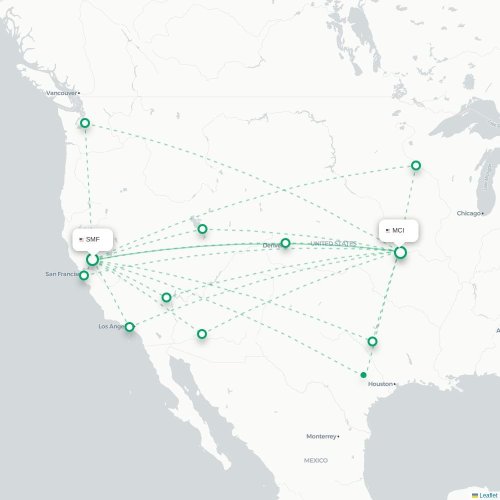 Mapa lotu bezpośredniego Sacramento – Kansas City