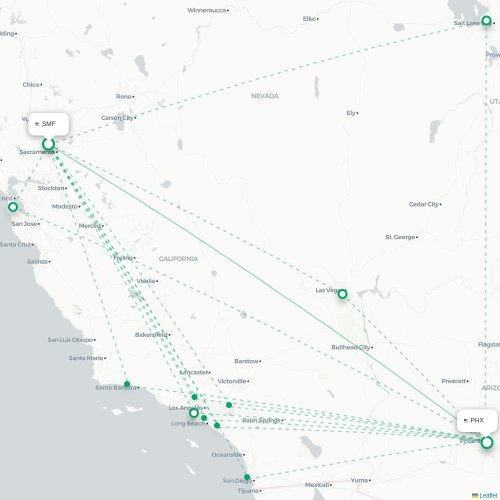 Mapa lotu bezpośredniego Sacramento – Phoenix