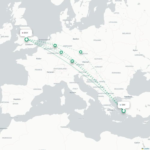 Mapa de vuelo directo Samos - Birmingham