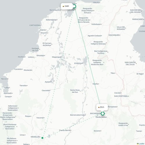 Mapa de vuelo directo Santa Marta - Bucaramanga