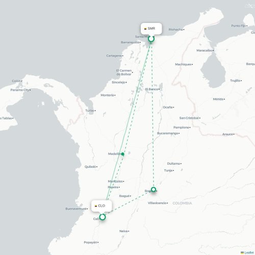 Mapa de vuelo directo Santa Marta - Santiago de Cali
