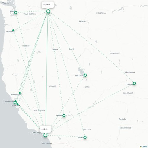 Mapa de vuelo directo Santa Ana - Spokane