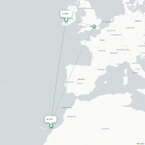Mapa lotu bezpośredniego Shannon – Arrecife