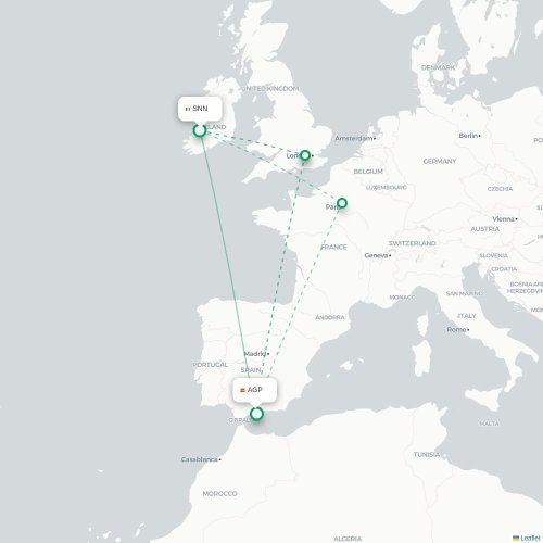 Mapa lotu bezpośredniego Shannon – Malaga