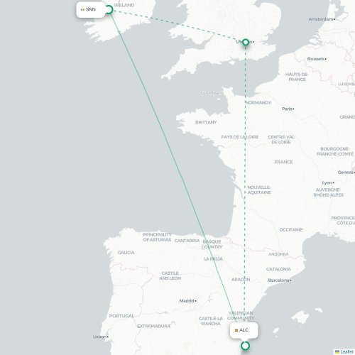 Mapa lotu bezpośredniego Shannon – Alicante