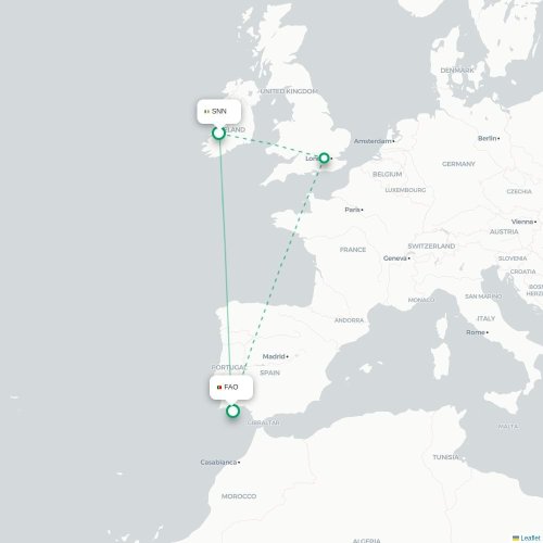 Mapa lotu bezpośredniego Shannon – Faro