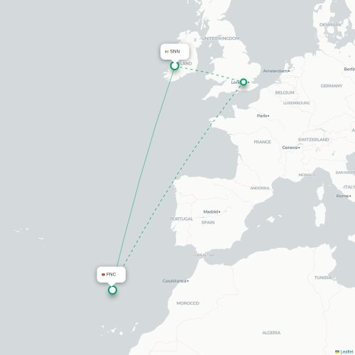 Mapa de vuelo directo Shannon - Funchal