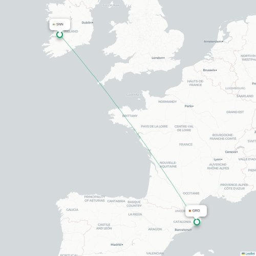 Mapa de vuelo directo Shannon - Gerona