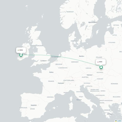 Mapa de vuelo directo Shannon - Cracovia