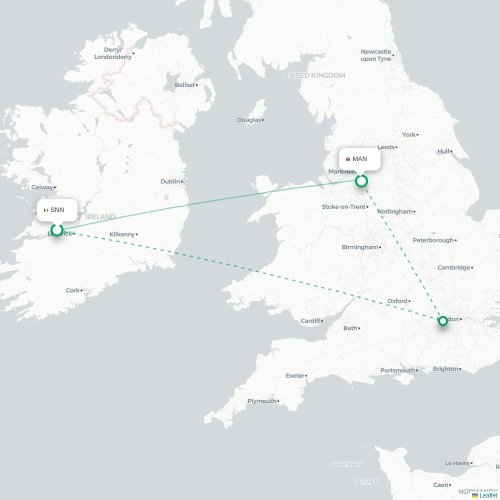 Mapa lotu bezpośredniego Shannon – Manchester