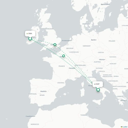 Mapa lotu bezpośredniego Shannon – Neapol