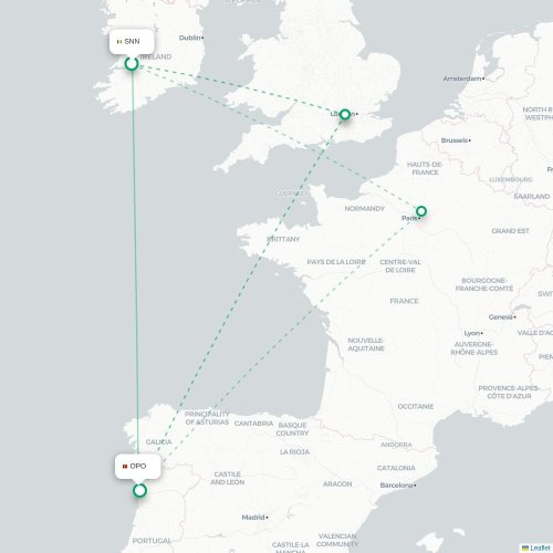 Mapa de vuelo directo Shannon - Oporto