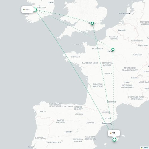 Mapa lotu bezpośredniego Shannon – Palma de Mallorca