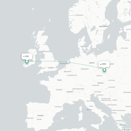 Mapa de vuelo directo Shannon - Wrocław