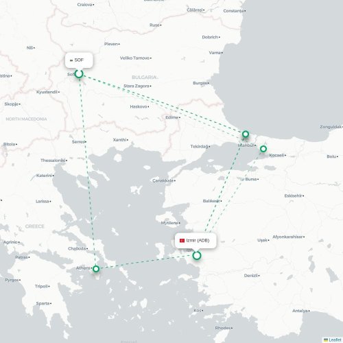 Mapa de vuelo directo Sofía - Esmirna