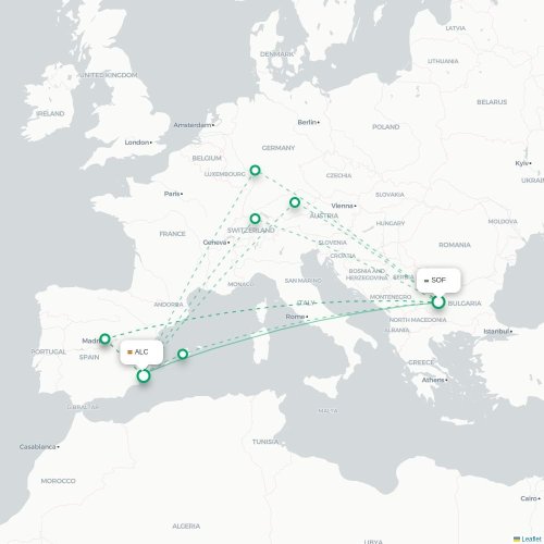 Mapa de vuelo directo Sofía - Alicante