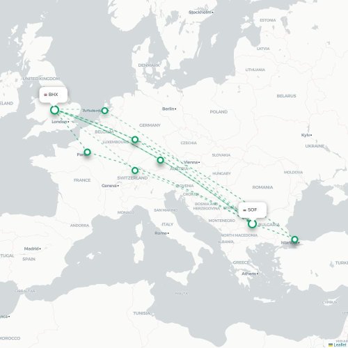 Mapa de vuelo directo Sofía - Birmingham
