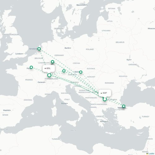 Mapa lotu bezpośredniego Sofia – Bazylea, Szwajcaria