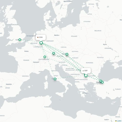 Mapa de vuelo directo Sofía - Colonia