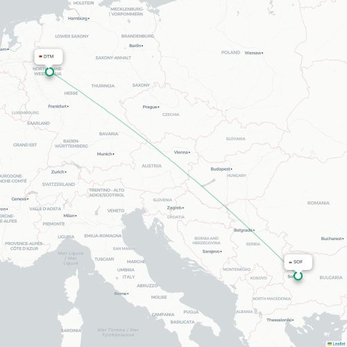 Mapa de vuelo directo Sofía - Dortmund