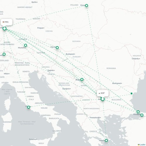 Mapa de vuelo directo Sofía - Fráncfort