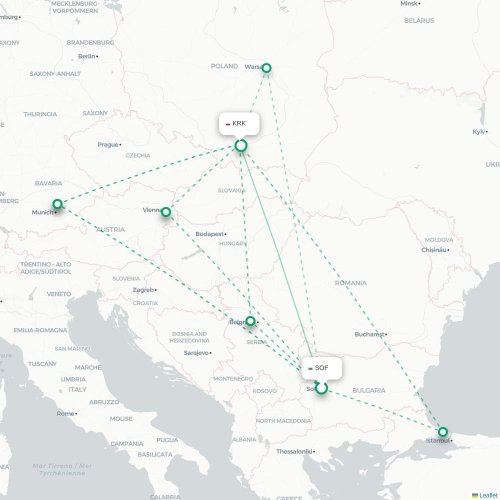 Mapa de vuelo directo Sofía - Cracovia