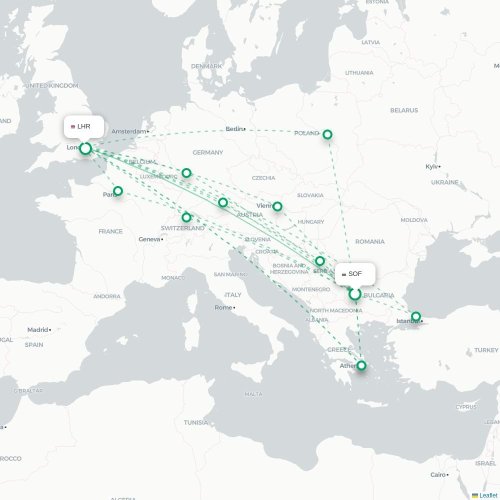 Mapa de vuelo directo Sofía - Londres