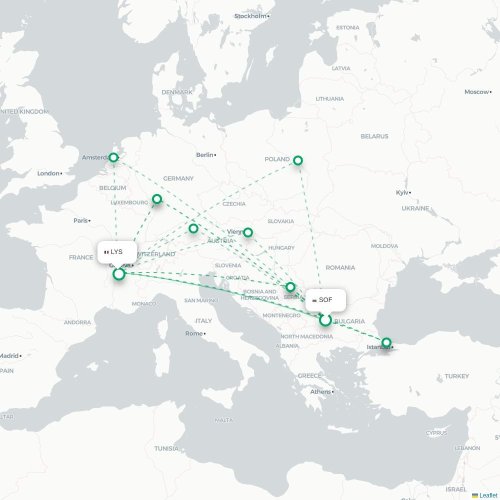 Mapa lotu bezpośredniego Sofia – Lyon
