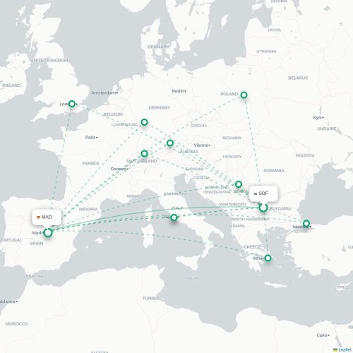Mapa de vuelo directo Sofía - Madrid