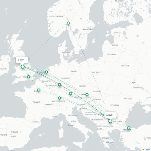 Mapa de vuelo directo Sofía - Mánchester