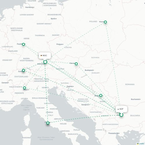 Mapa de vuelo directo Sofía - Múnich