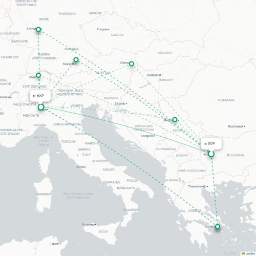 Mapa lotu bezpośredniego Sofia – Mediolan