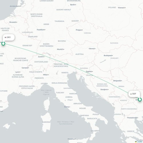 Mapa lotu bezpośredniego Sofia – Paryż