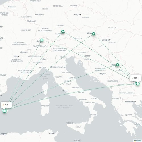 Mapa de vuelo directo Sofía - Palma