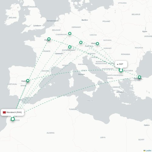 Mapa de vuelo directo Sofía - Marrakech