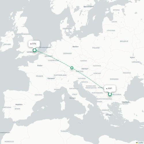 Mapa de vuelo directo Sofía - Londres