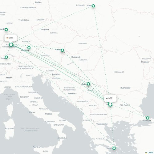 Mapa lotu bezpośredniego Sofia – Stuttgart