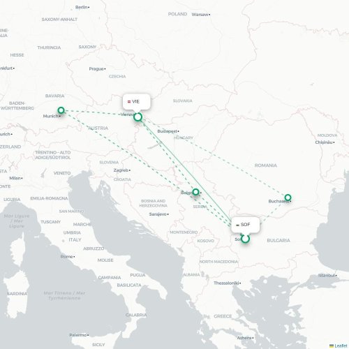 Mapa de vuelo directo Sofía - Viena