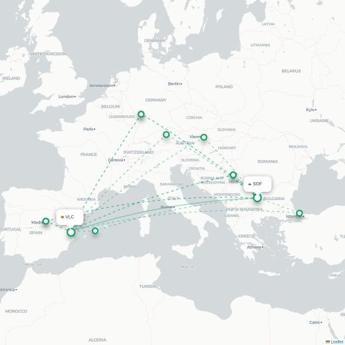 Mapa de vuelo directo Sofía - Valencia