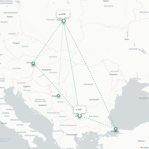 Mapa de vuelo directo Sofía - Varsovia